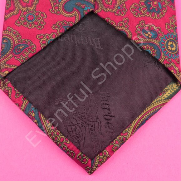 Vintage Burberry Tie Mens Red Silk Teardrop Paisley Grosgrain - Picture 4 of 4